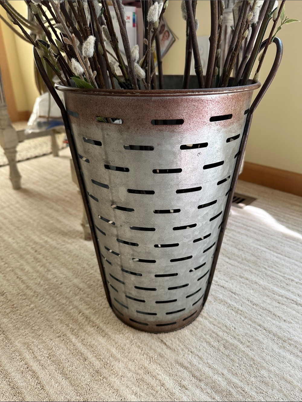 Olive Bucket Basket Vintage Galvanized Metal Vase Decor Farmhouse Country